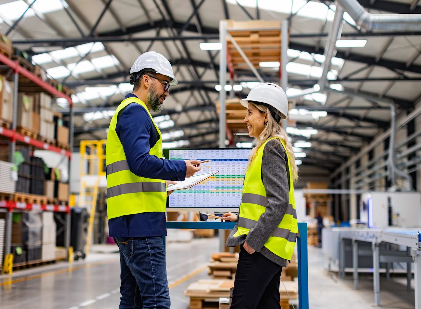 A man and woman wearing vests and hard hats are talking inside a warehouse, with the woman smiling, symbolizing effective workplace communication in an industrial setting.